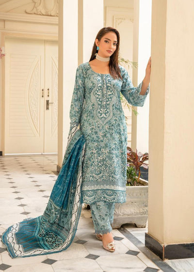 MSL-03 Readymade Munira Khazaan Aqua Linen Suit - Memsaab Online