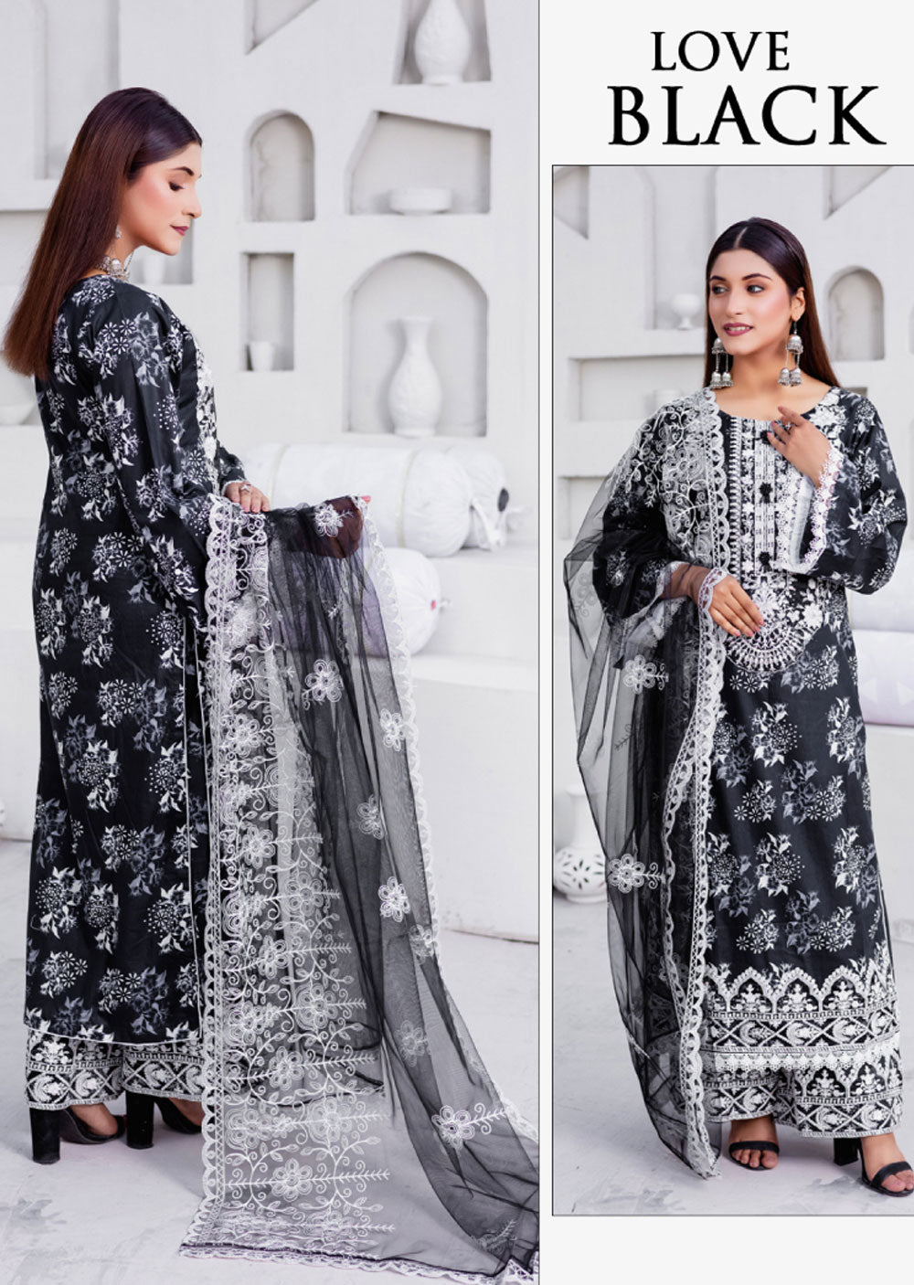 RGZ4010 Readymade Black/White Pearl Lawn Suit - Memsaab Online