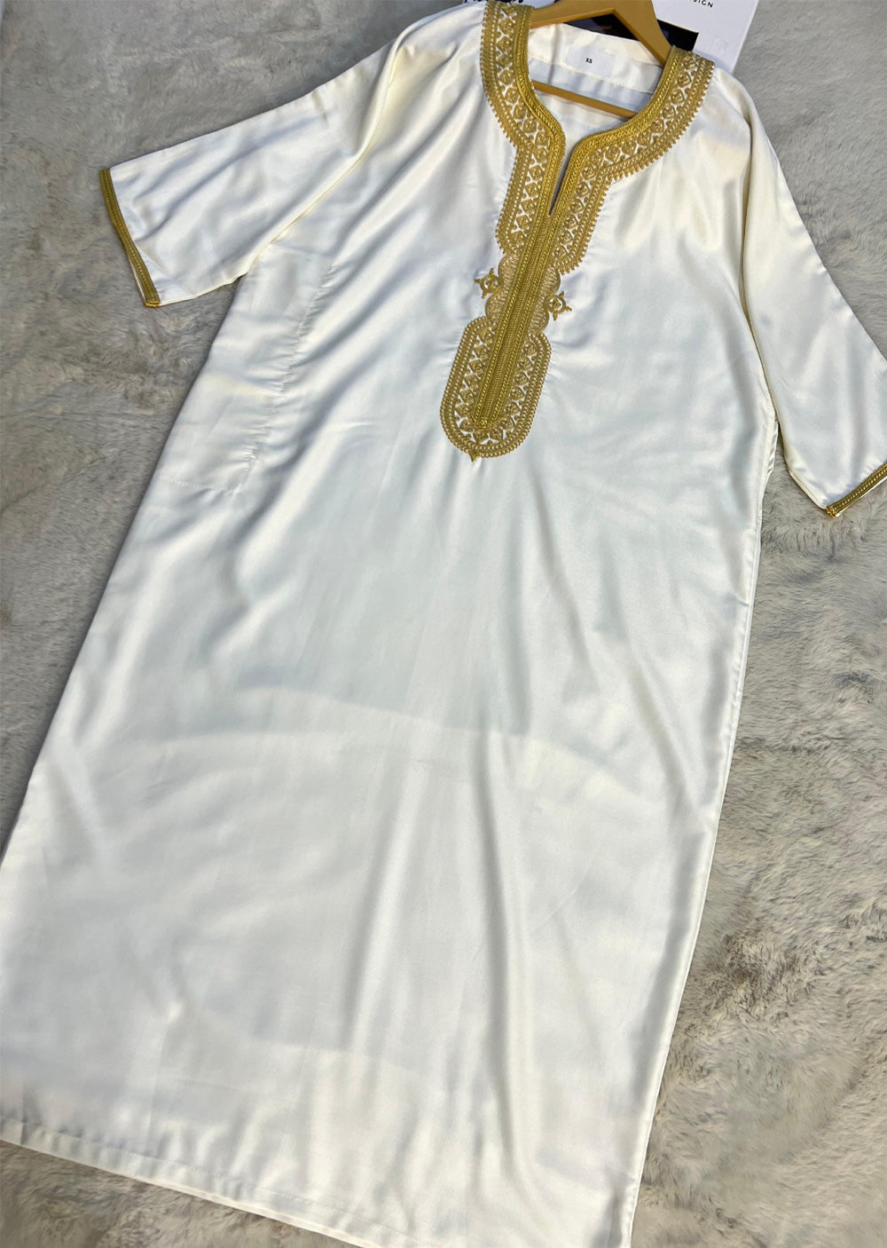 MRC009 Off White/Gold Premium Moroccan Embroidered Thobe - Memsaab Online