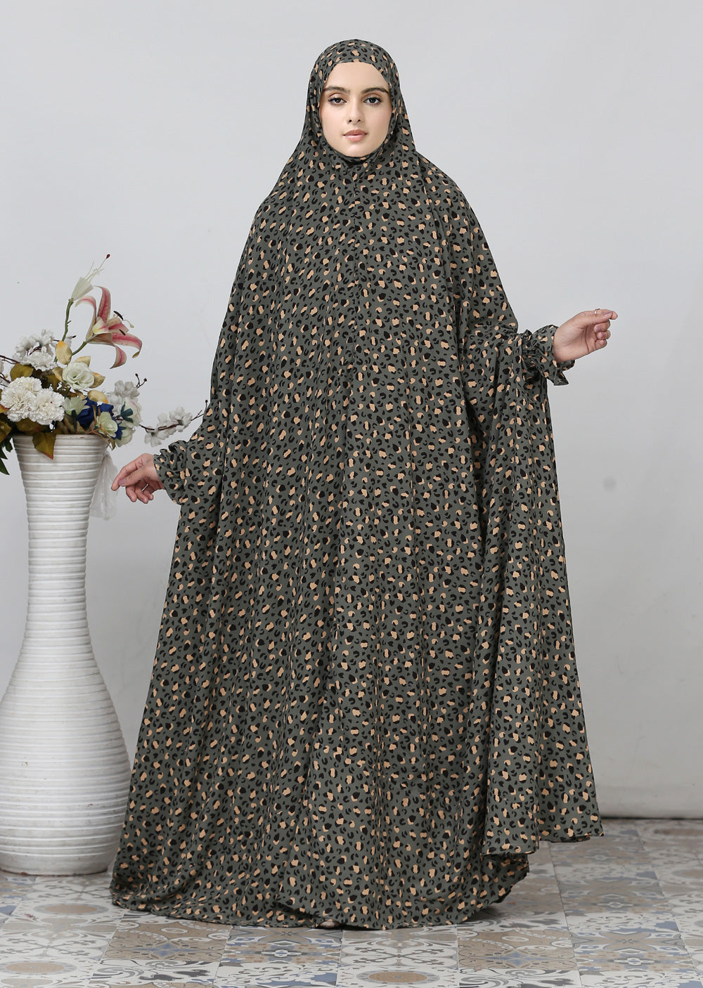 QD204 Printed Linen Namaz Gown - Memsaab Online