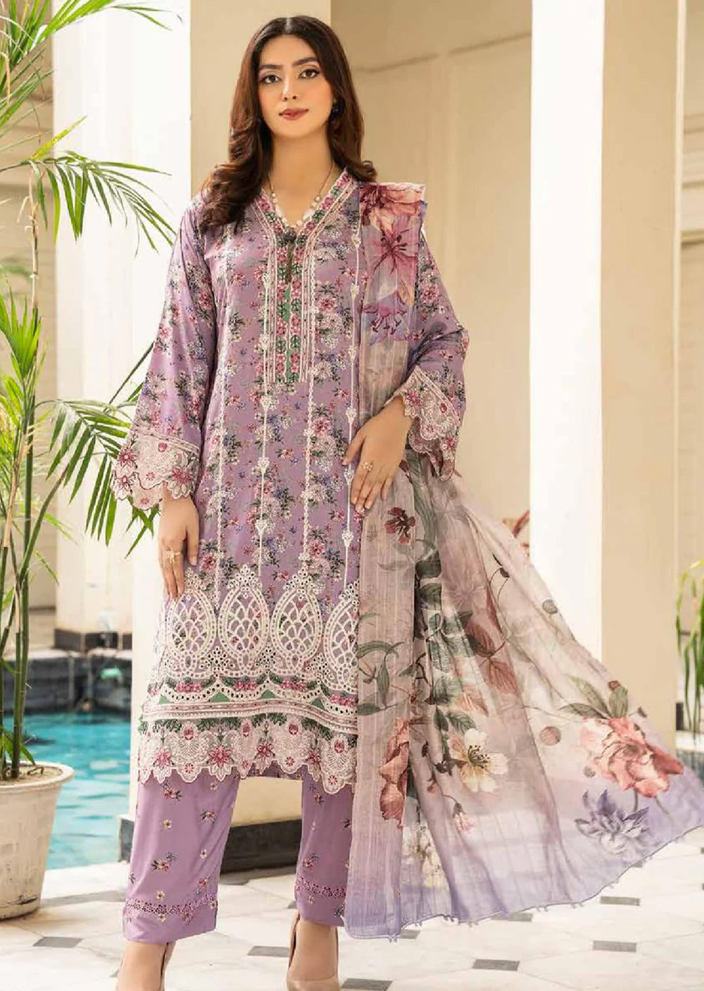 MSL-07 Readymade Munira Khazaan Lavender Linen Suit - Memsaab Online