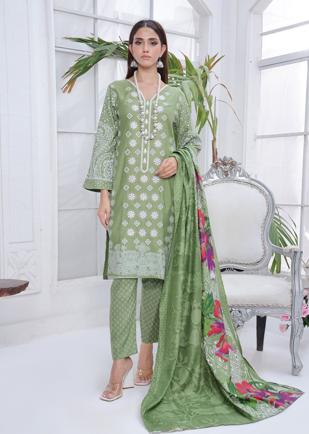 AMT5101 - Green Readymade LInen Shawl Suit - Memsaab Online