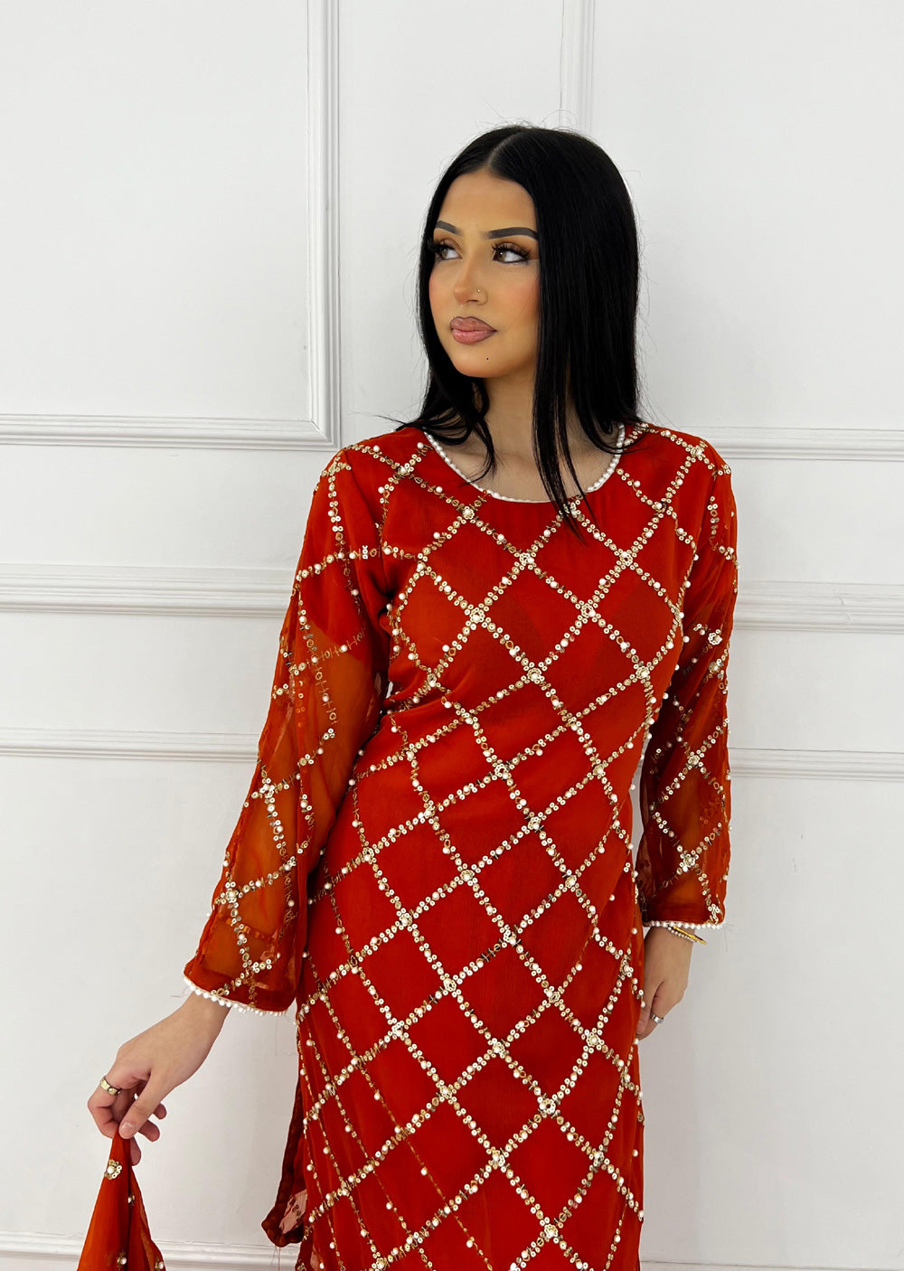 SMR3107 Quratulaine - Orange Chiffon Suit - Memsaab Online