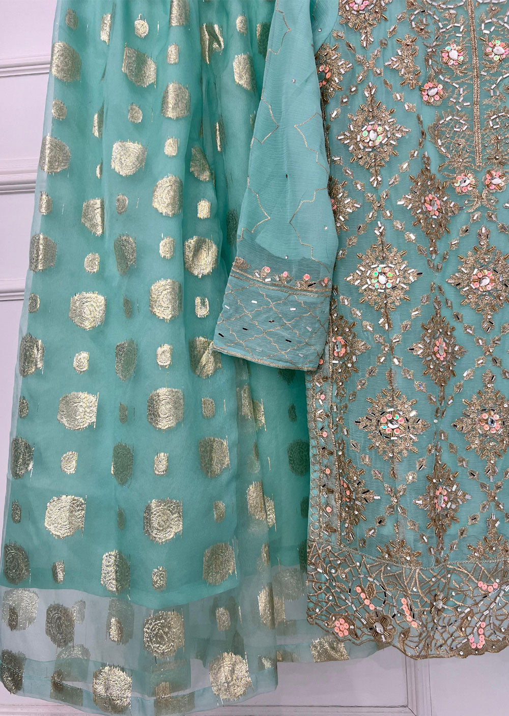 SLM612 Kiswa - Readymade Turquoise/Pink Chiffon Outfit - Memsaab Online