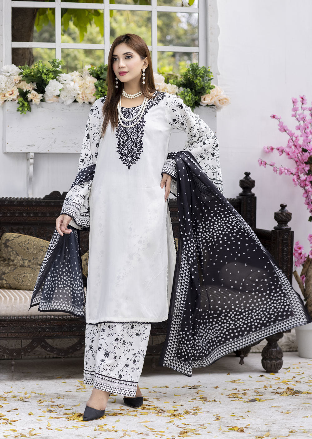 MDM-69 White - Readymade - Embroidered Cotton Suit - Memsaab Online