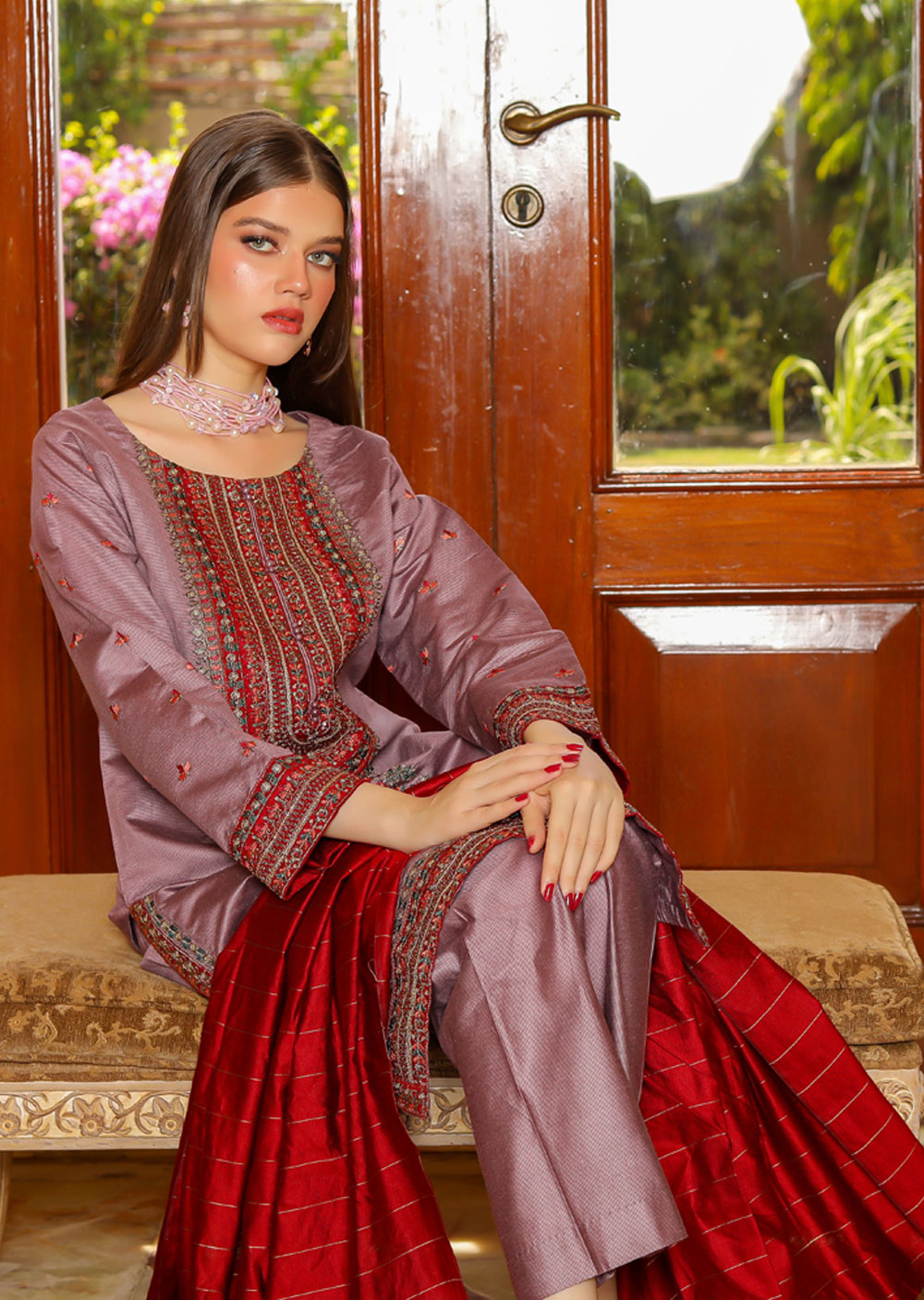 KLD310 Aaria - Lilac Readymade Khadi Net Suit - Memsaab Online