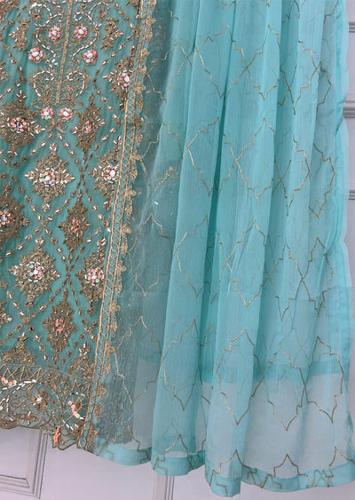 SLM612 Kiswa - Readymade Turquoise/Pink Chiffon Outfit - Memsaab Online