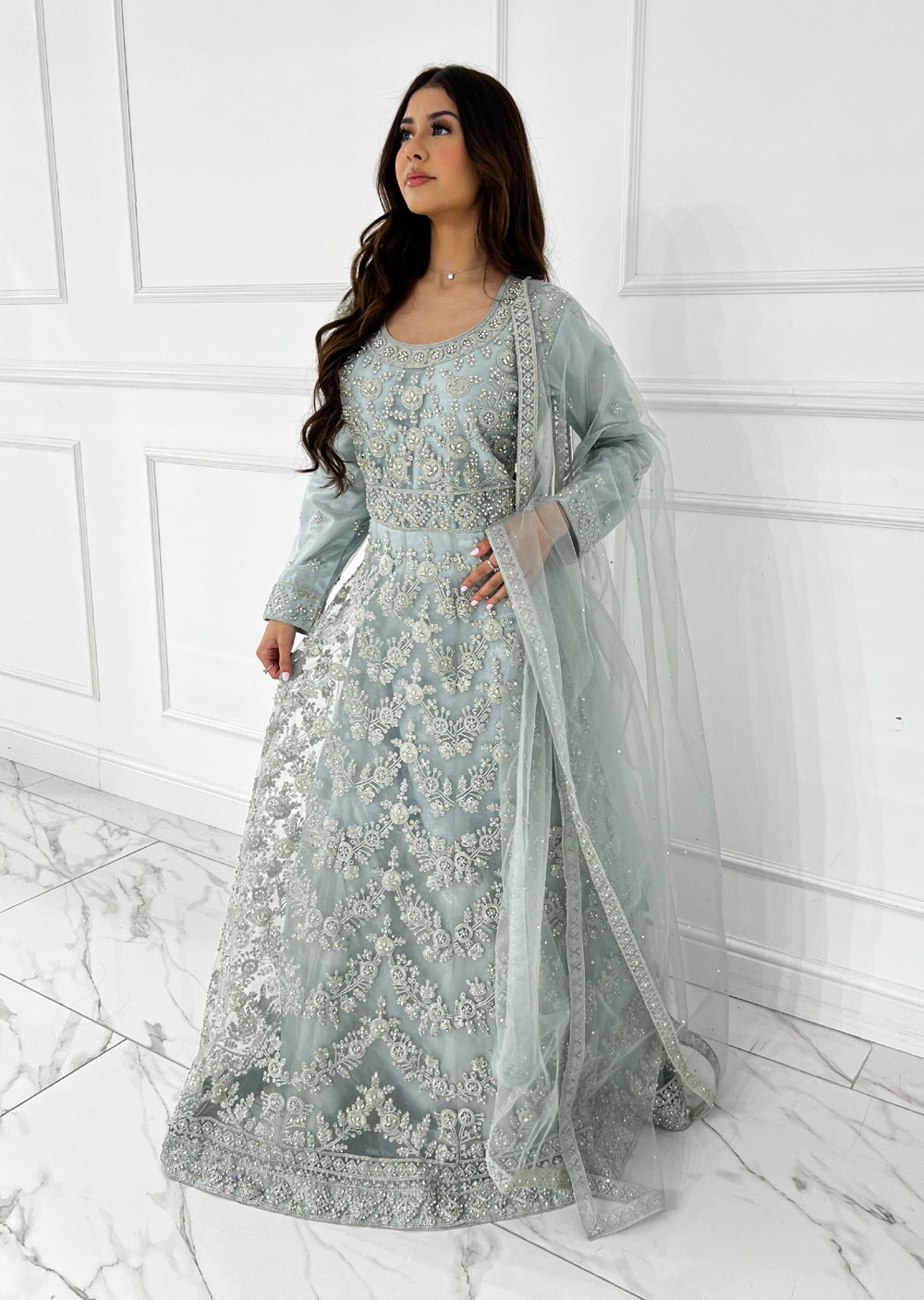 RH2113 Arya - Ice Blue Fancy Net Maxi Dress - Memsaab Online