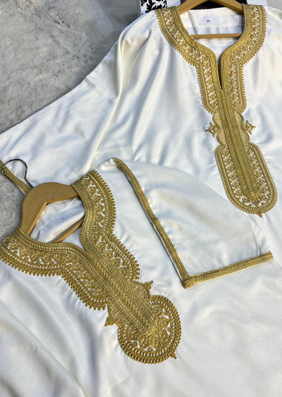 MRC009 Off White/Gold Premium Moroccan Embroidered Thobe - Memsaab Online