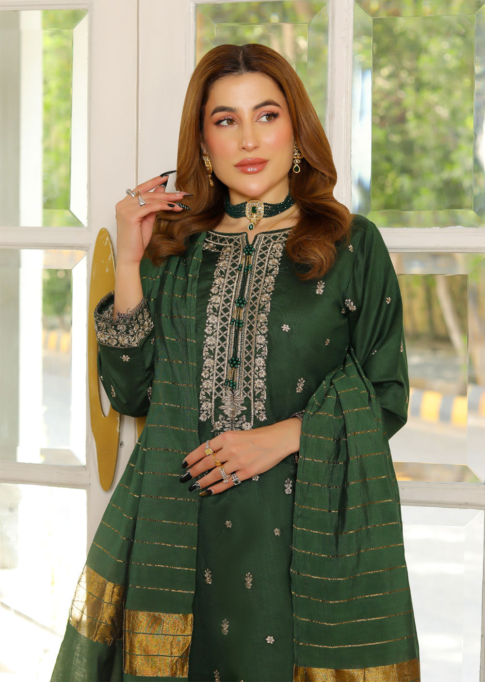 KLD314 / KLD1009 Dinah - Green Readymade Khadi Net Suit - Memsaab Online