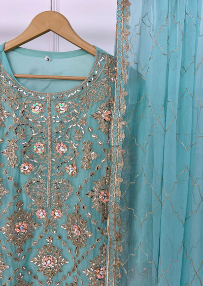 SLM612 Kiswa - Readymade Turquoise/Pink Chiffon Outfit - Memsaab Online