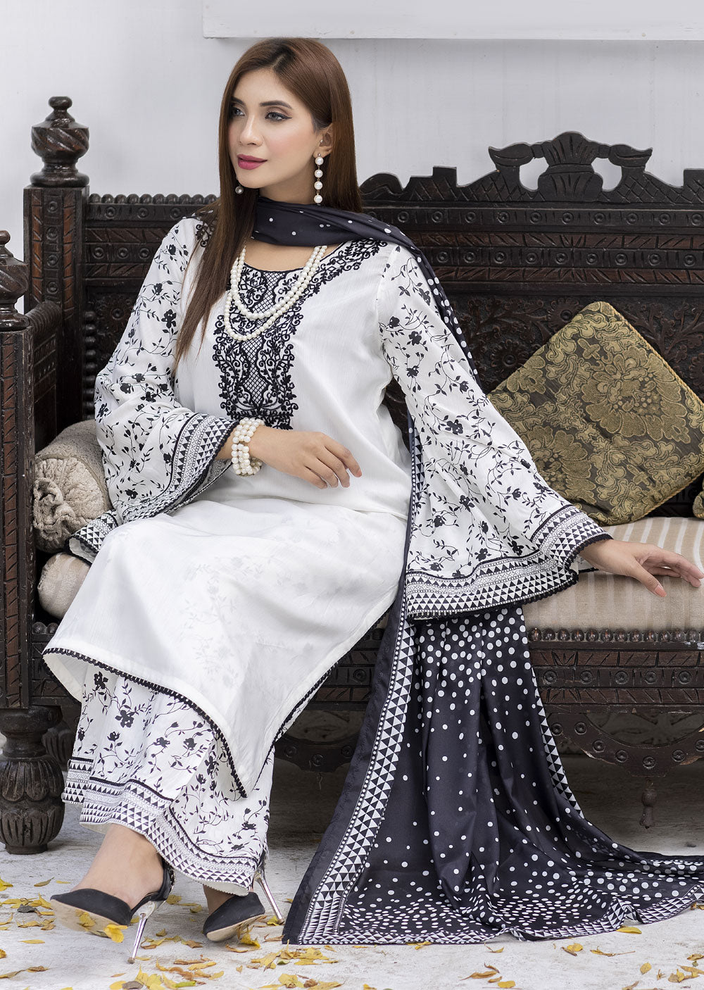 MDM-69 White - Readymade - Embroidered Cotton Suit - Memsaab Online