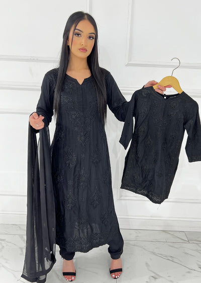 HK295 - Black - Mummy n Me Linen Outfit - Memsaab Online