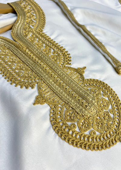 MRC009 Off White/Gold Premium Moroccan Embroidered Thobe - Memsaab Online