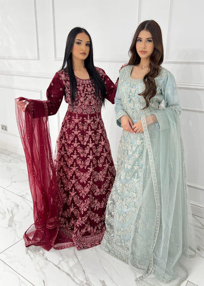 RH2113 Arya - Ice Blue Fancy Net Maxi Dress - Memsaab Online