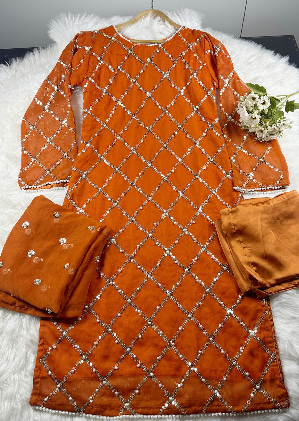 SMR3107 Quratulaine - Orange Chiffon Suit - Memsaab Online