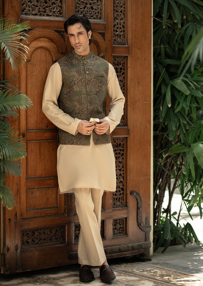 W-2885- Readymade Maysori Fabric Full Embroidery Waistcoat - Memsaab Online