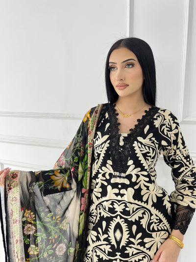 MDNA-07 - Black Embroidered Lawn Outfit - Memsaab Online