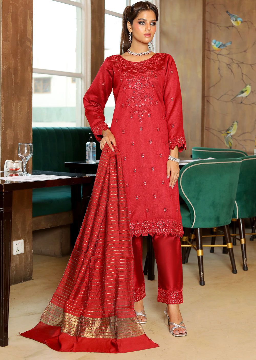 KLD313 Chand - Red Readymade Khadi Net Suit - Memsaab Online