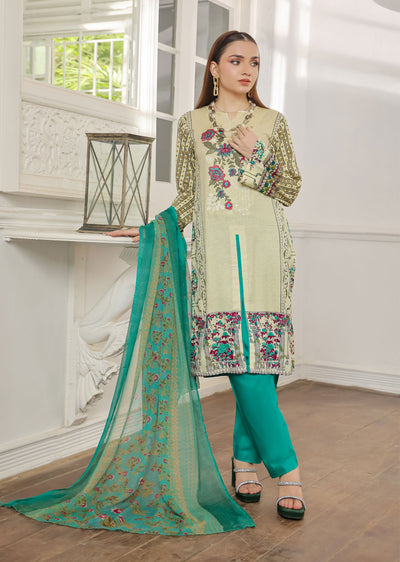 AMT48018 - Gold/Green Readymade Lawn Suit - Memsaab Online