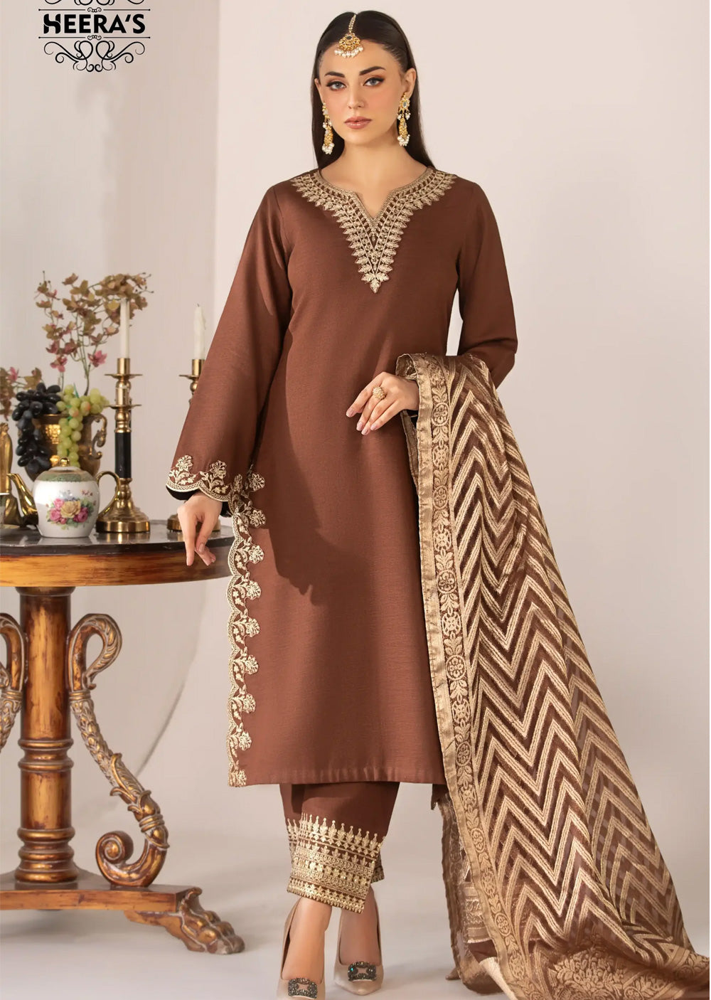 HSS-180 - Readymade - Brown Luxury Delight Embroidered suit by Heeras - Memsaab Online