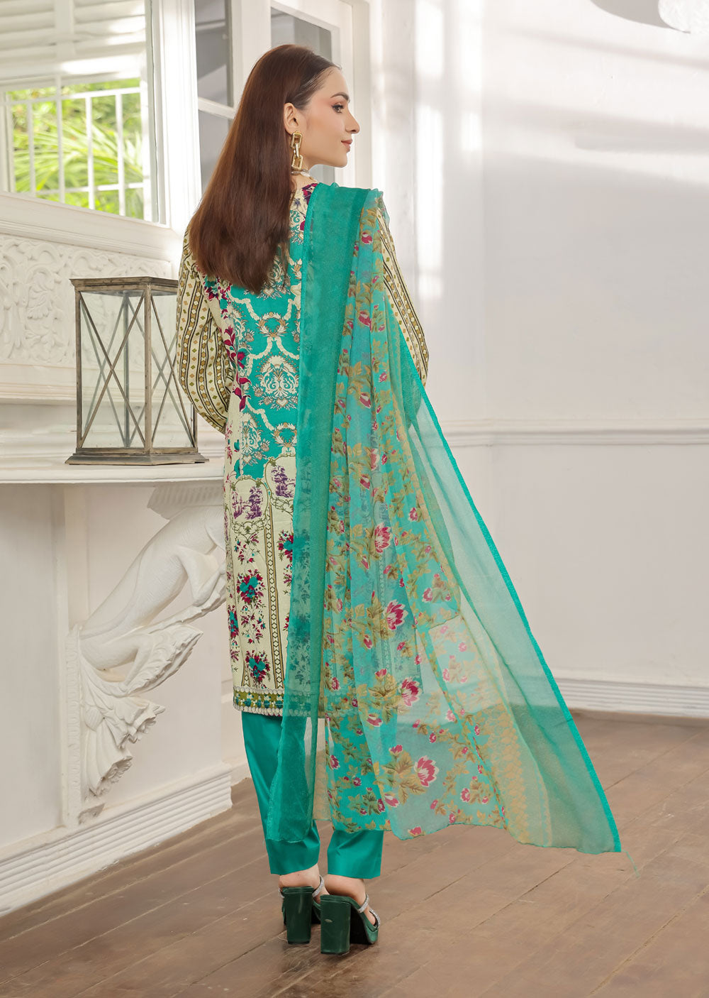 AMT48018 - Gold/Green Readymade Lawn Suit - Memsaab Online