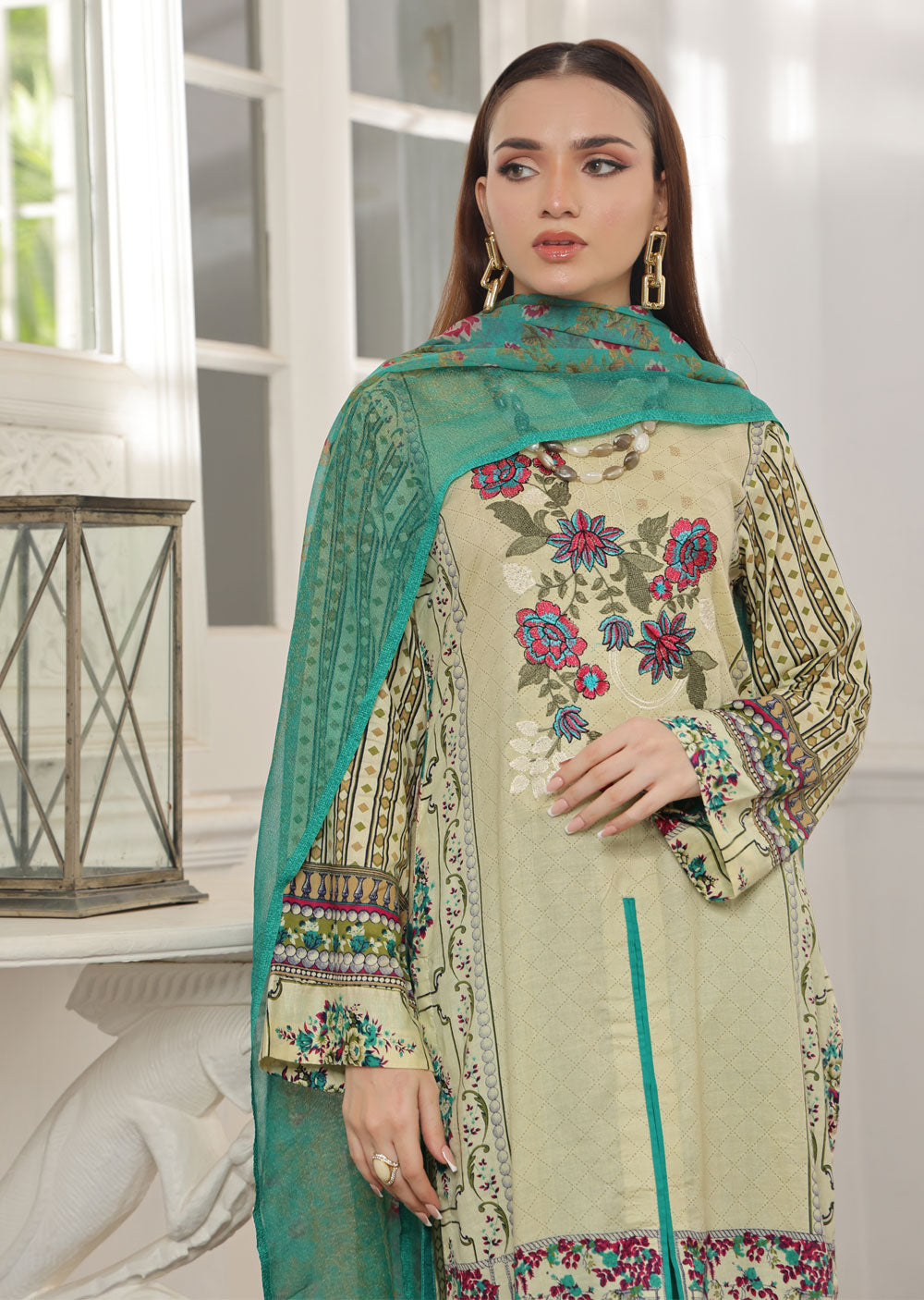 AMT48018 - Gold/Green Readymade Lawn Suit - Memsaab Online