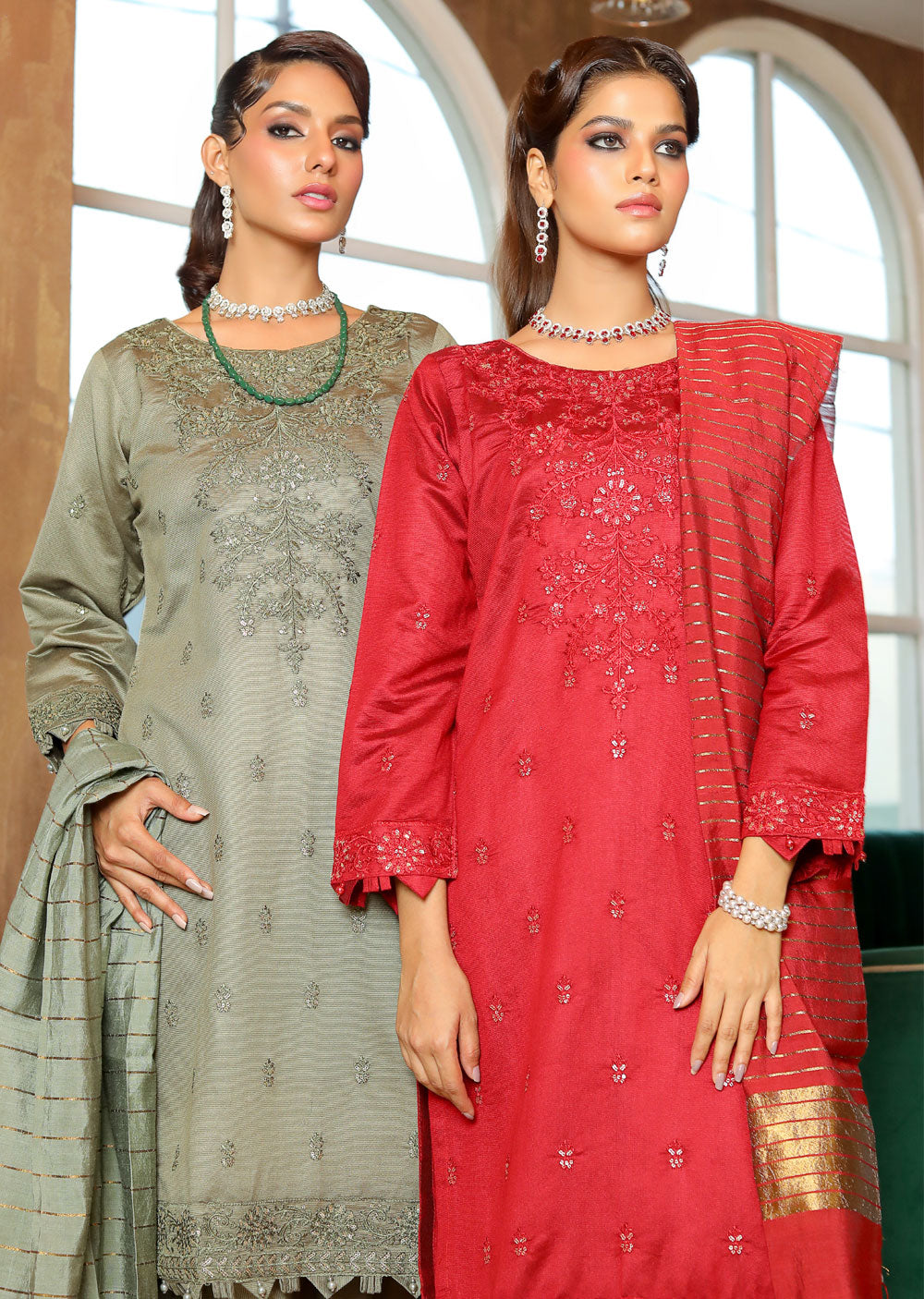 KLD313 Chand - Red Readymade Khadi Net Suit - Memsaab Online