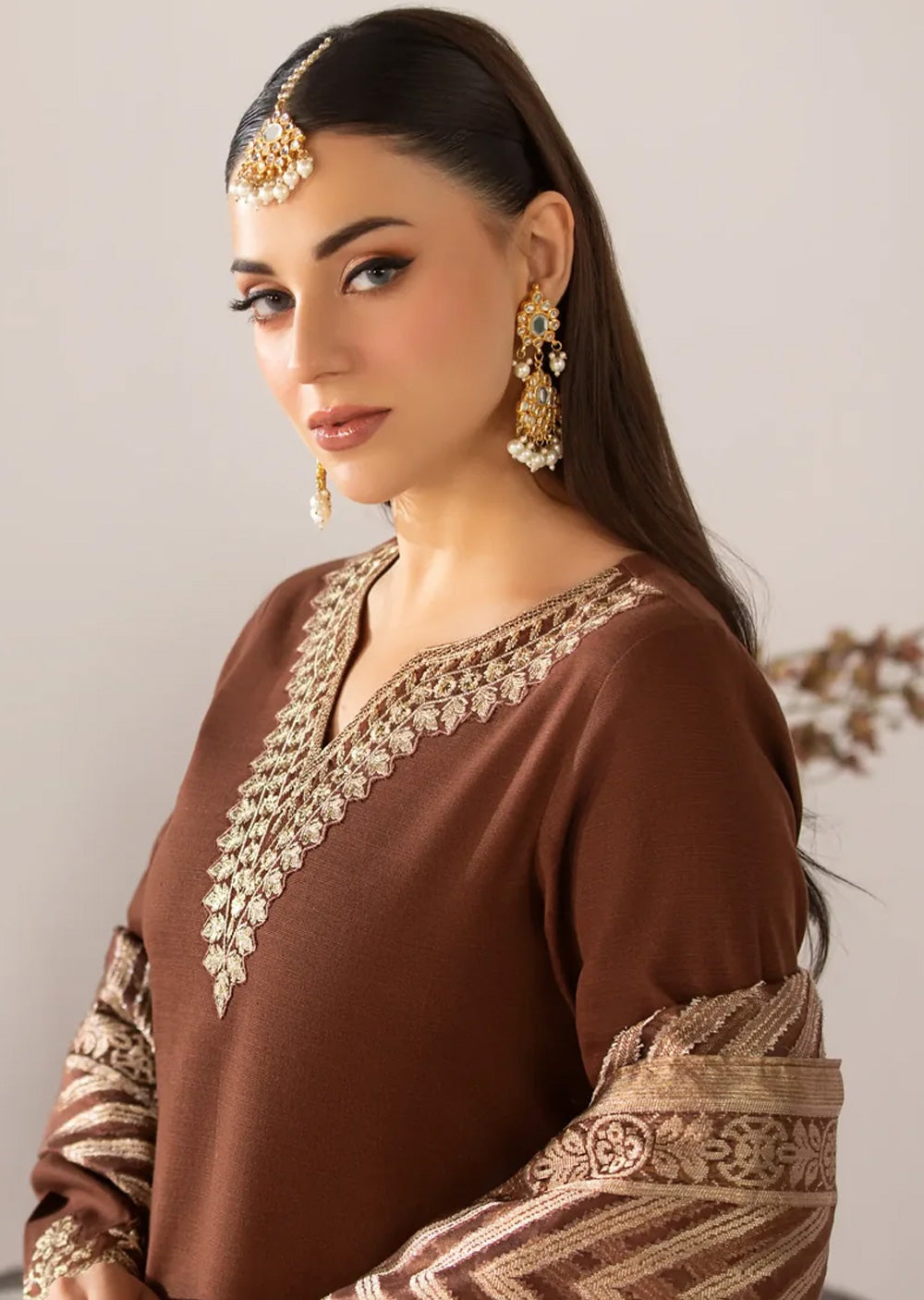 HSS-180 - Readymade - Brown Luxury Delight Embroidered suit by Heeras - Memsaab Online