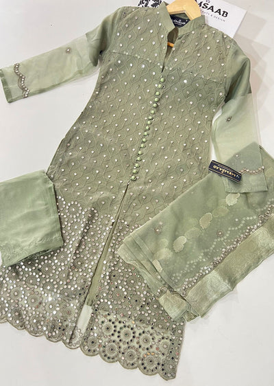 HK218 Rimi - Olive Readymade Organza Suit - Memsaab Online