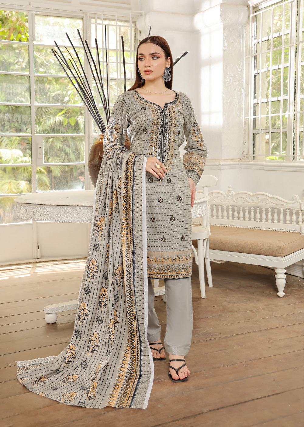 AMT5121 - Grey Readymade Linen Suit - Memsaab Online