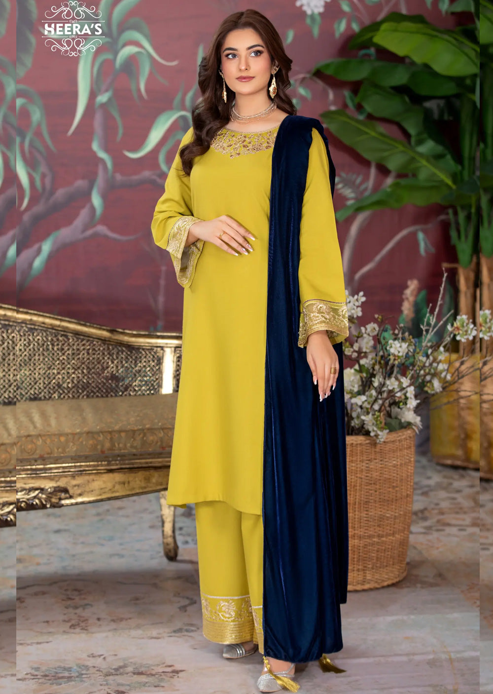 HSS-181 - Readymade - Dhanak Velvet Embroidered suit by Heeras - Memsaab Online