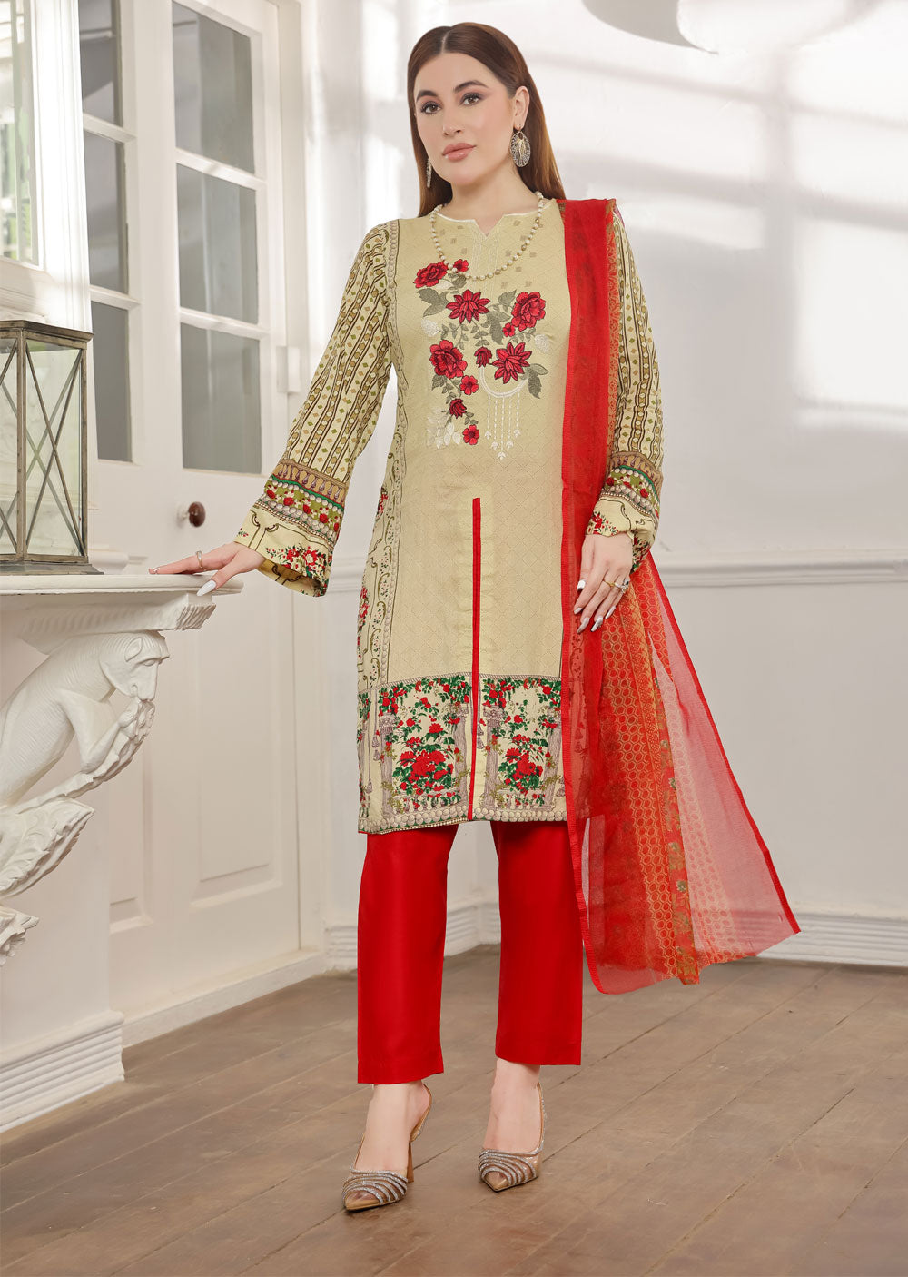 AMT4803 - Gold Readymade Lawn Suit - Memsaab Online