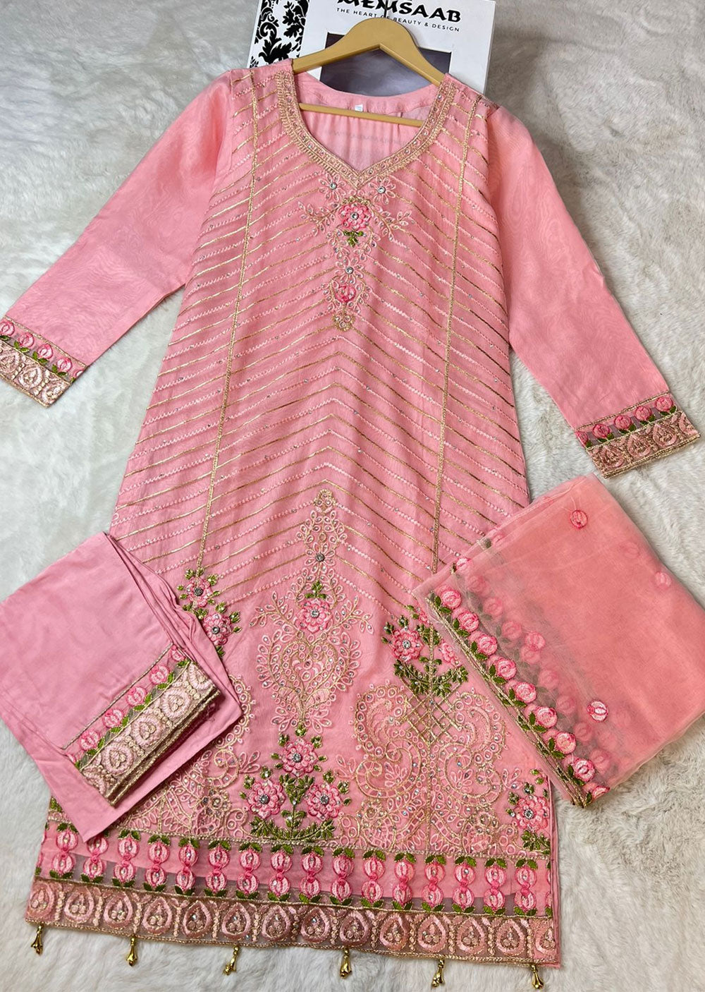 ASK621 Readymade Organza Pink Suit - Memsaab Online