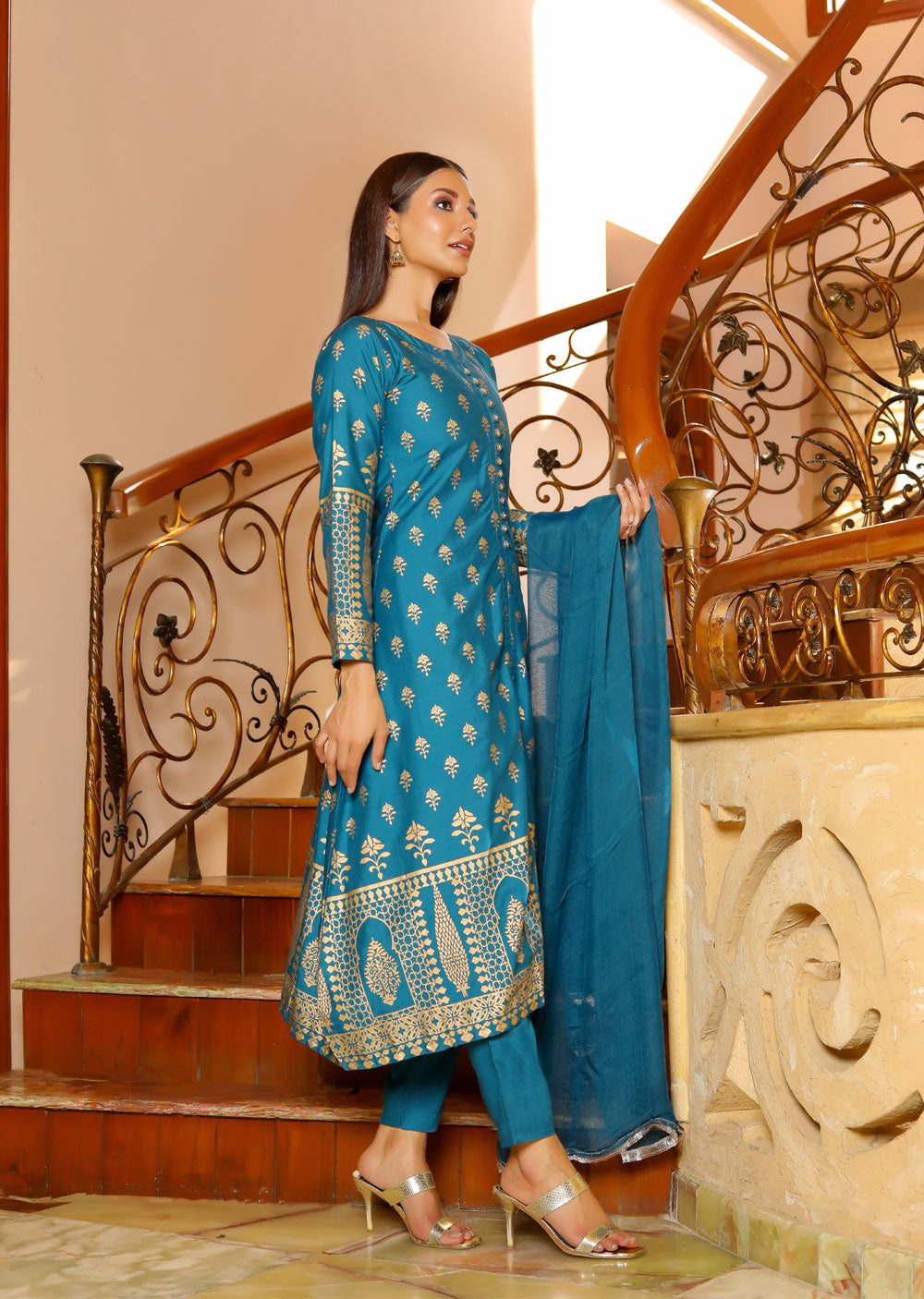 HK221 - Teal Readymade Suit - Memsaab Online