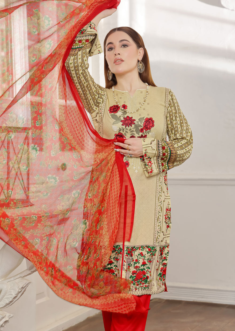 AMT4803 - Gold Readymade Lawn Suit - Memsaab Online