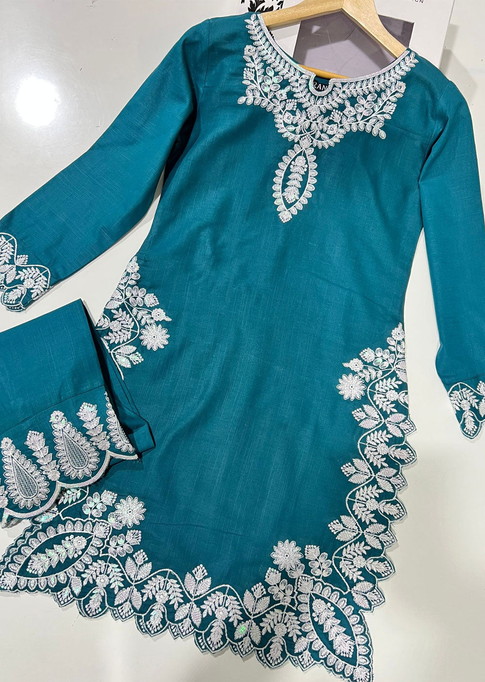 RGZ1721 Readymade Teal Slub Khaddar 2 Piece Suit - Memsaab Online