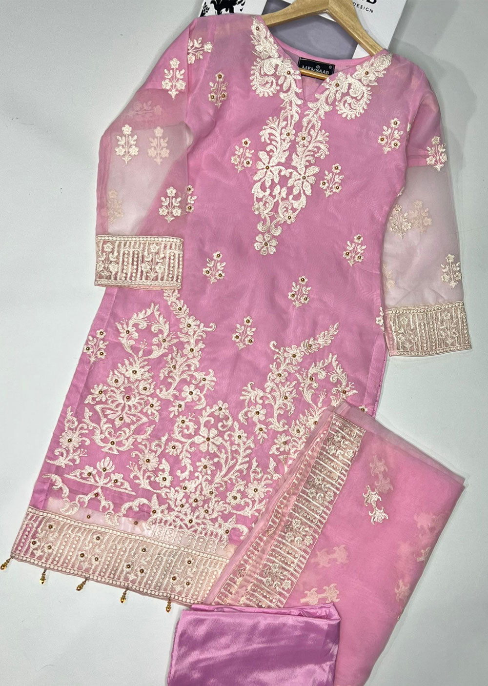 HK227 Oraya - Pink Readymade Organza Suit - Memsaab Online