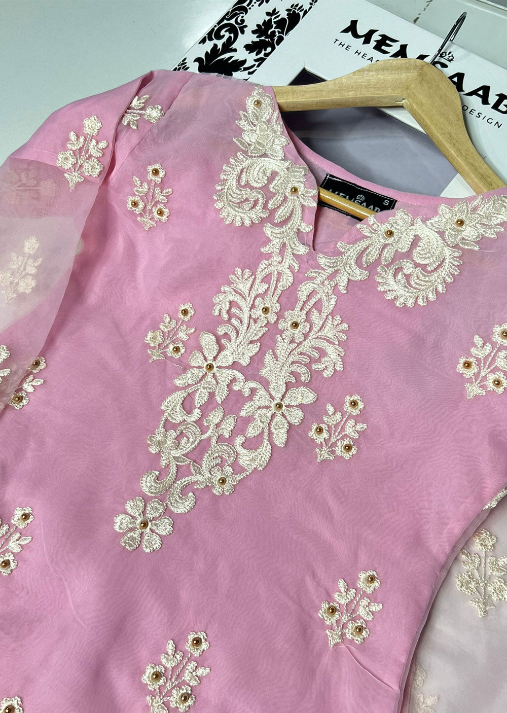 HK227 Oraya - Pink Readymade Organza Suit - Memsaab Online