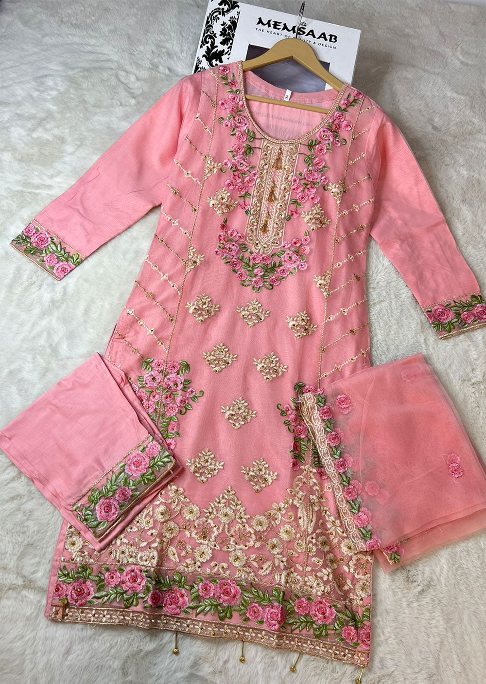 ASK622 Readymade Organza Pink Suit - Memsaab Online