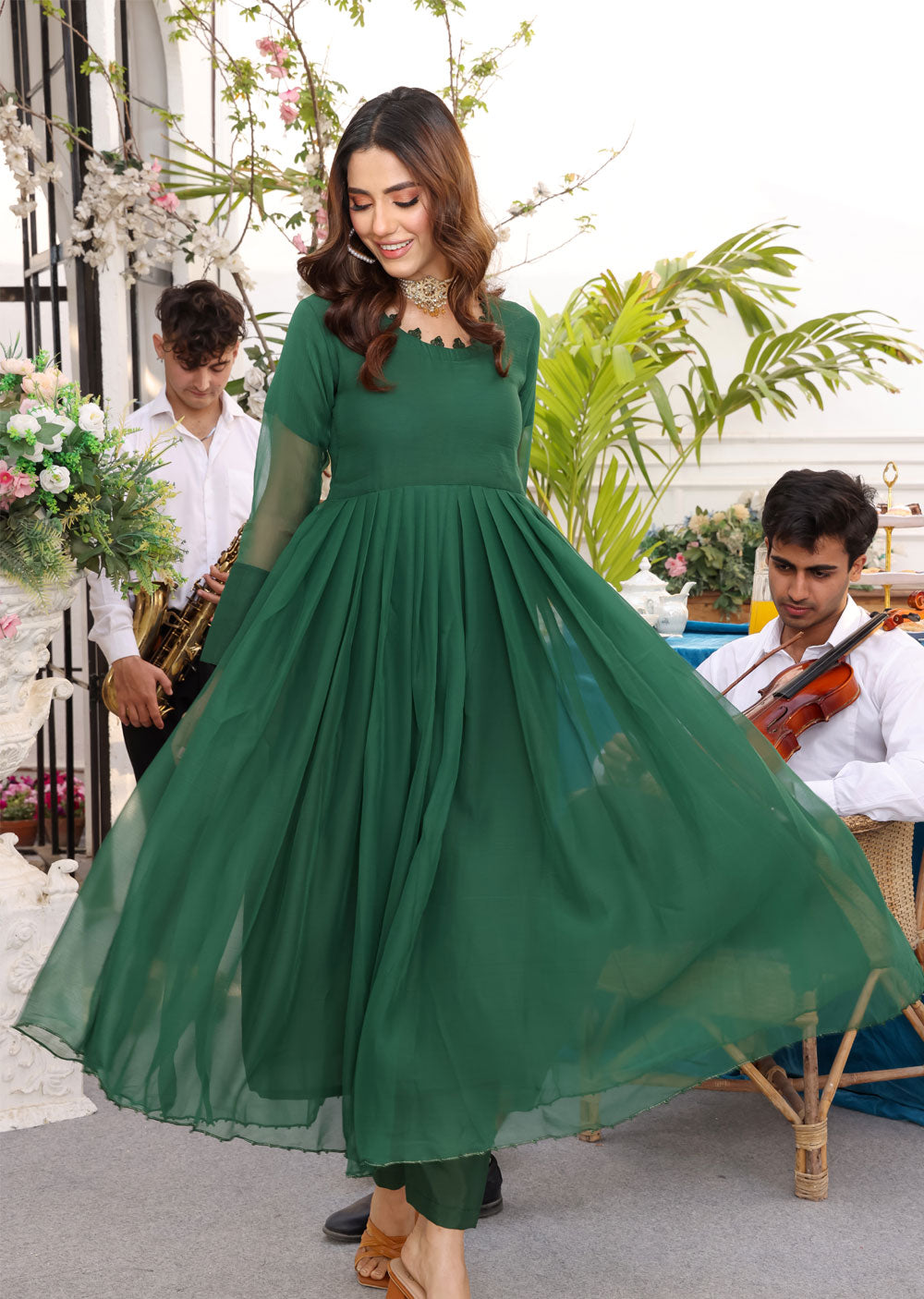 HK231 Zeer - Green Readymade 2 Piece Chiffon Maxi - Memsaab Online