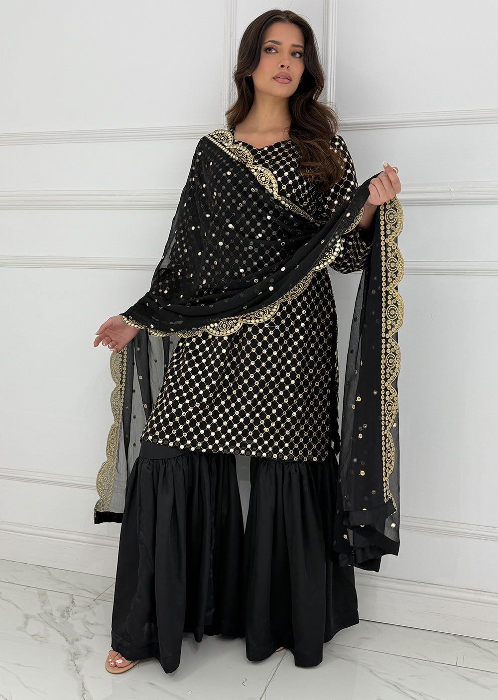 SMR3101 Rose - Black Readymade Chiffon Suit - Memsaab Online