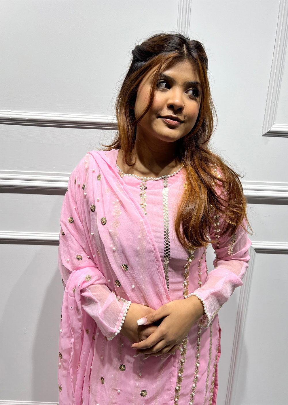 HK260 Zilla - Pink Readymade Chiffon Suit - Memsaab Online