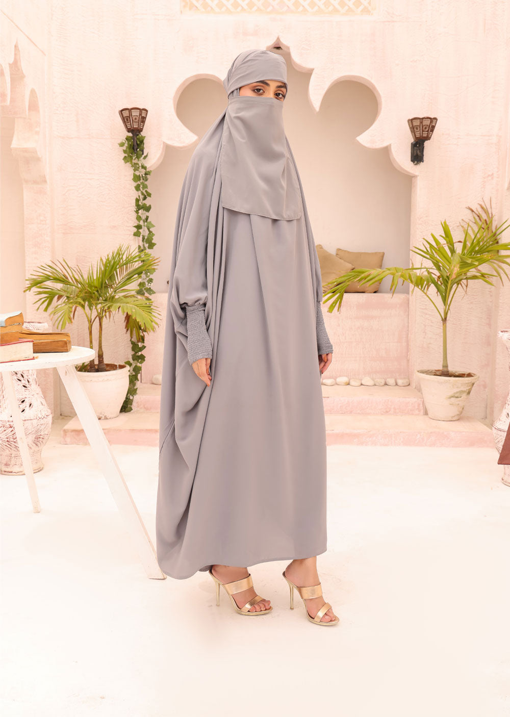 ASL-208 Haya - Grey 1 Piece Jilbab Prayer Set with Elasticated Cuff - Memsaab Online