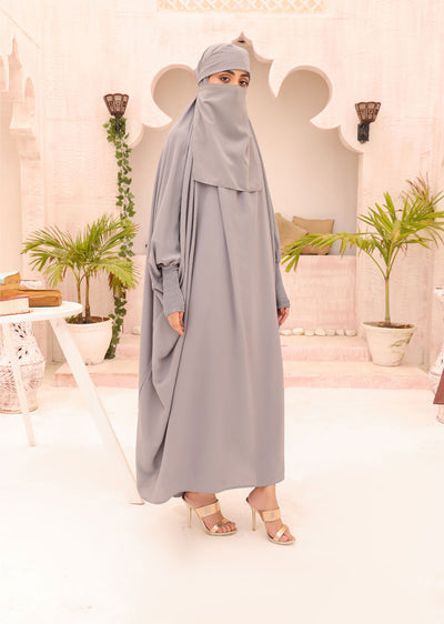 ASL-208 Haya - Grey 1 Piece Jilbab Prayer Set with Elasticated Cuff - Memsaab Online