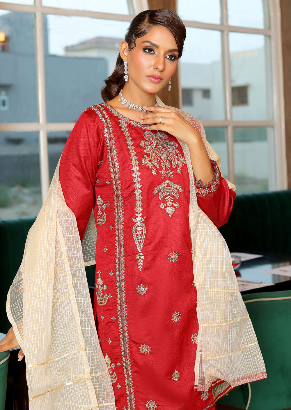 KLD316 Falak - Red Readymade Khadi Net Suit - Memsaab Online