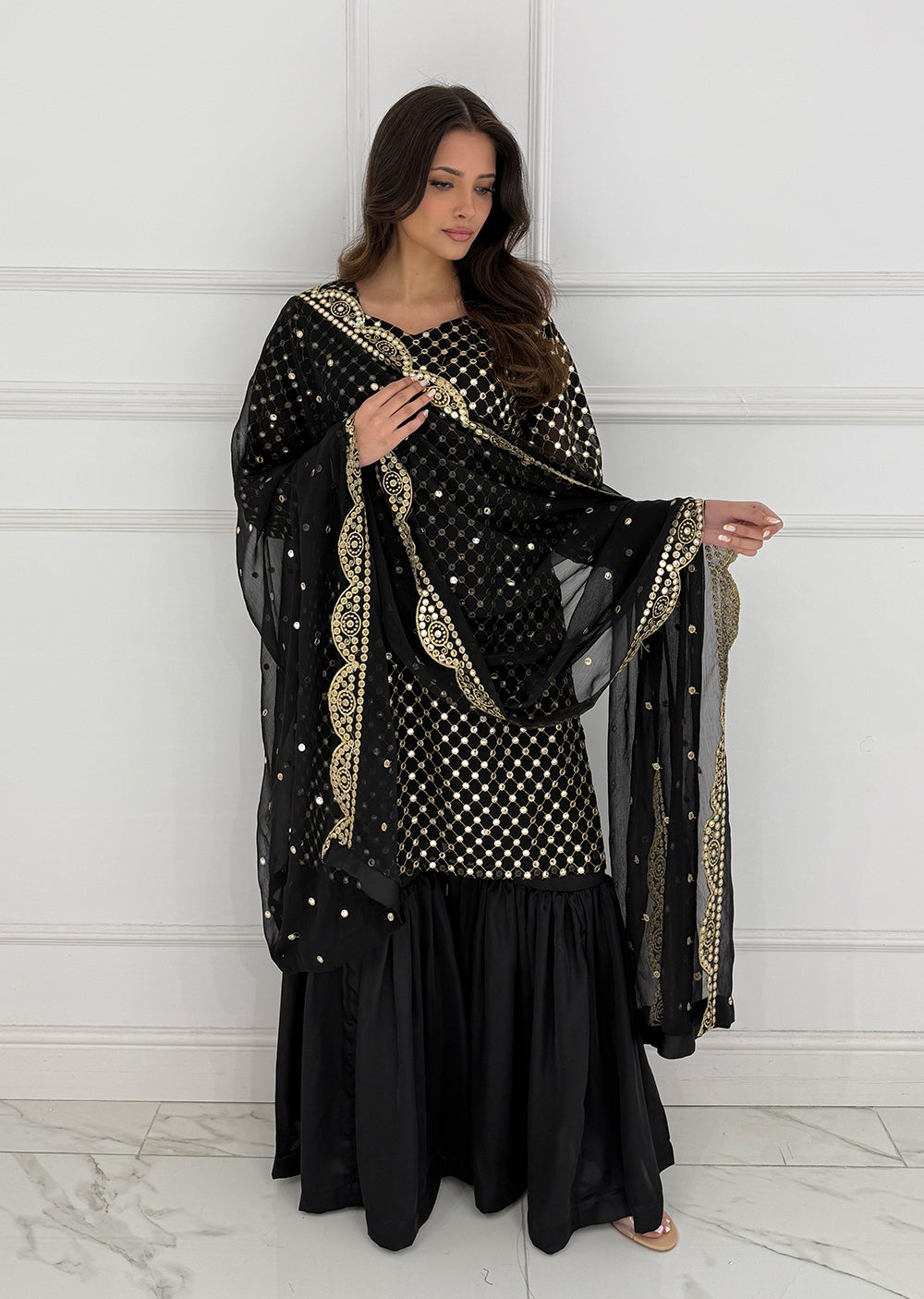 SMR3101 Rose - Black Readymade Chiffon Suit - Memsaab Online