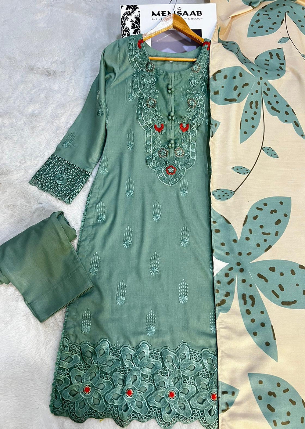 SLM622 Readymade Green Winter Dhanak Suit - Memsaab Online