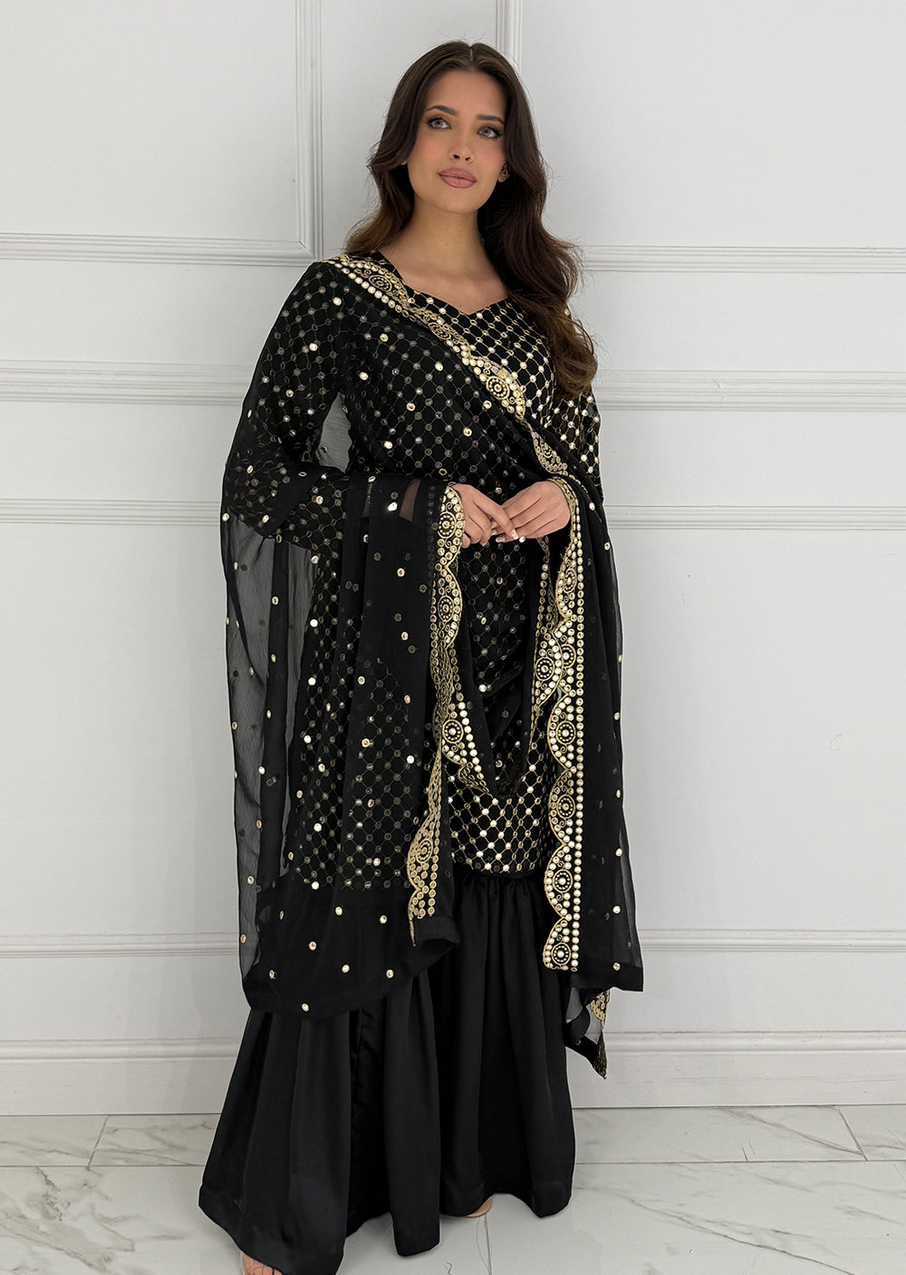 SMR3101 Rose - Black Readymade Chiffon Suit - Memsaab Online