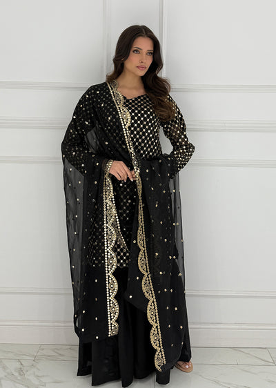 SMR3101 Rose - Black Readymade Chiffon Suit - Memsaab Online